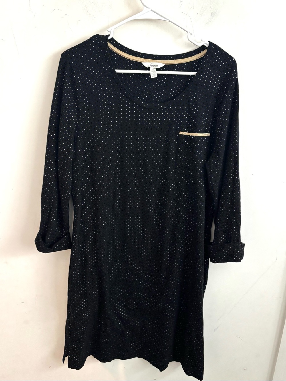 Soma Pajama Black Gold Polka Dotted Dress Large Knit Sleep Shirt Nightgown